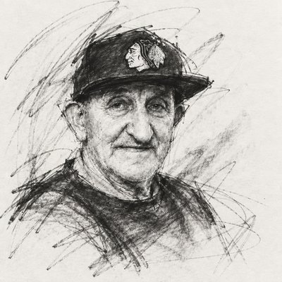 a drawing of a man wearing a hat