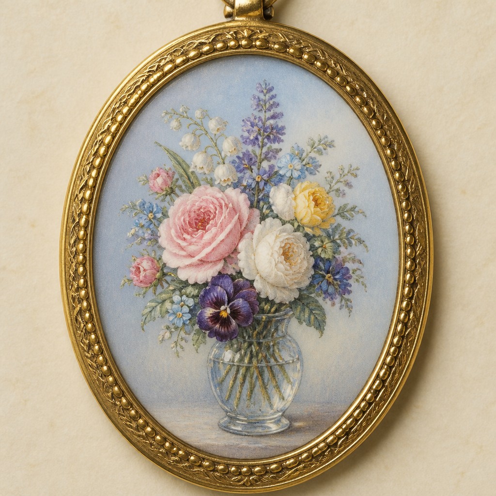 bouquet of flowers in a glass vase — Portrait Miniature Art Style
