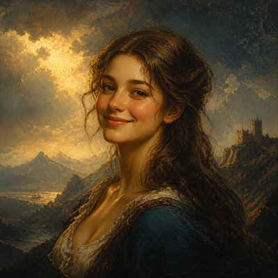 head-and-shoulders portrait of an original character: a young woman with wavy chestnut hair and a warm smile, plain soft backdrop