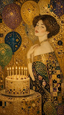 a birthday cake with lit candles surrounded by balloons and confetti, festive vertical composition, no text