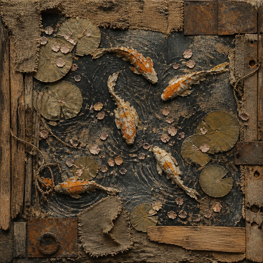 A koi pond seen from above, orange and white koi fish swimming among lily pads, clear water with subtle ripples, fallen cherry blossom petals floating on the surface, dappled sunlight