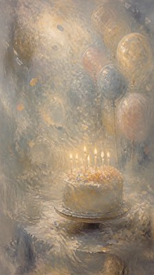 a birthday cake with lit candles surrounded by balloons and confetti, festive vertical composition, no text