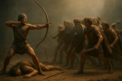 a painting of a man holding a bow and arrow in front of a group of