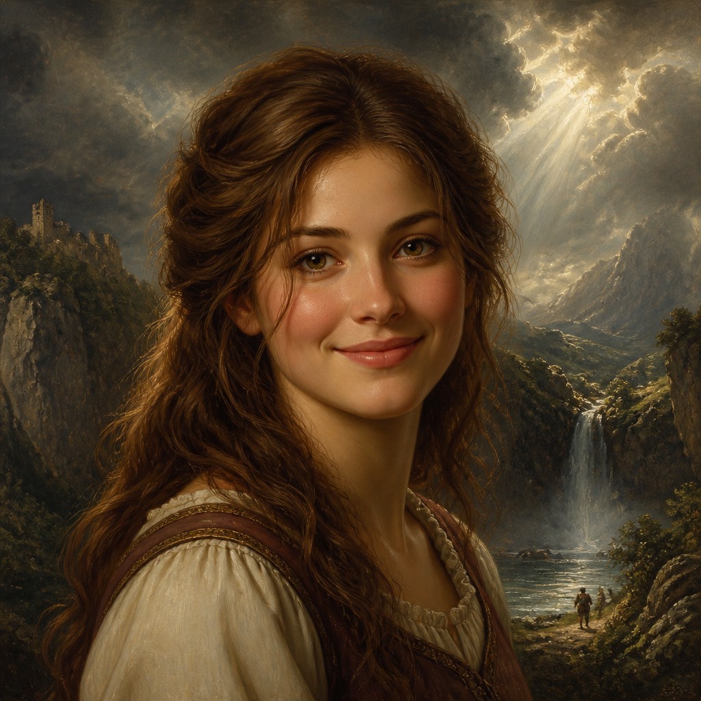 head-and-shoulders portrait of an original character: a young woman with wavy chestnut hair and a warm smile, plain soft backdrop