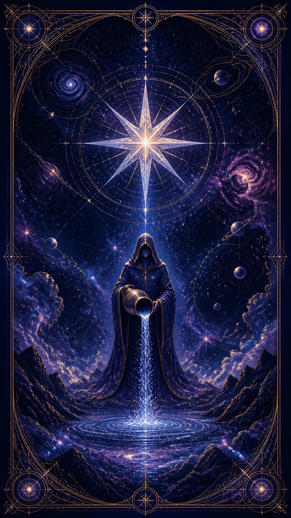 a robed figure pouring water beneath a large eight-pointed star in a night sky, symmetrical composition with an ornate decorative border, no text