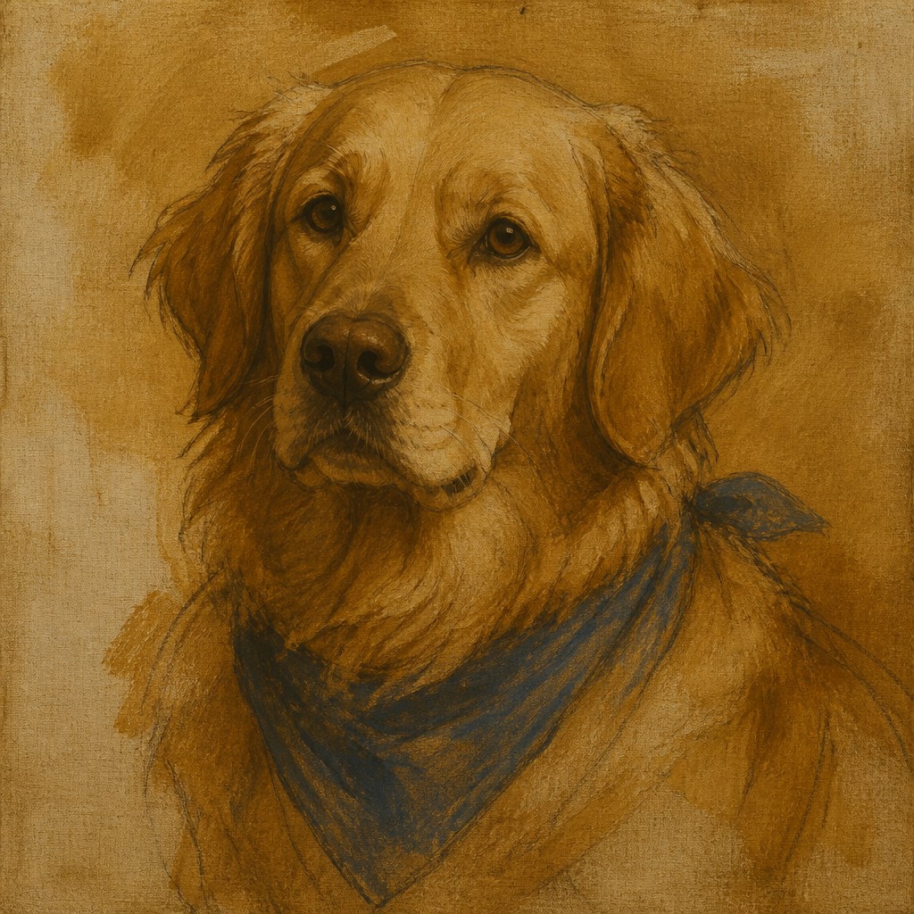 portrait of a golden retriever wearing a blue bandana, warm plain backdrop, no text