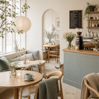 cozy cafe interior with warm lighting