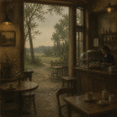 cozy cafe interior with warm lighting