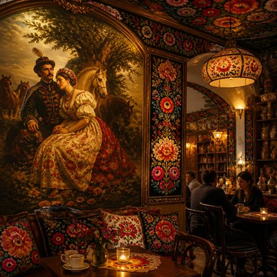 cozy cafe interior with warm lighting