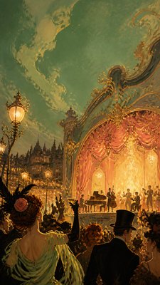 a live music scene with a glowing stage and silhouetted crowd, energetic vertical composition with open space at the top, no text