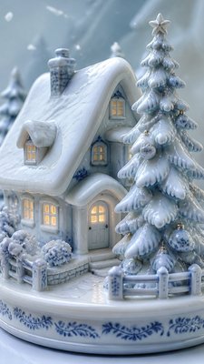 a snow-covered cottage with warm glowing windows beside a decorated pine tree, gentle snowfall, no text
