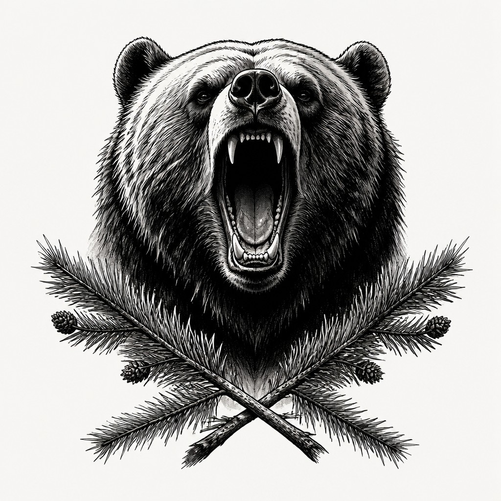 a roaring bear head above crossed pine branches, bold graphic composition on a plain background, no text