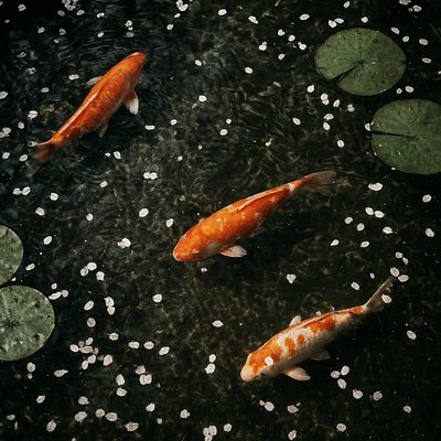 A koi pond seen from above, orange and white koi fish swimming among lily pads, clear water with subtle ripples, fallen cherry blossom petals floating on the surface, dappled sunlight