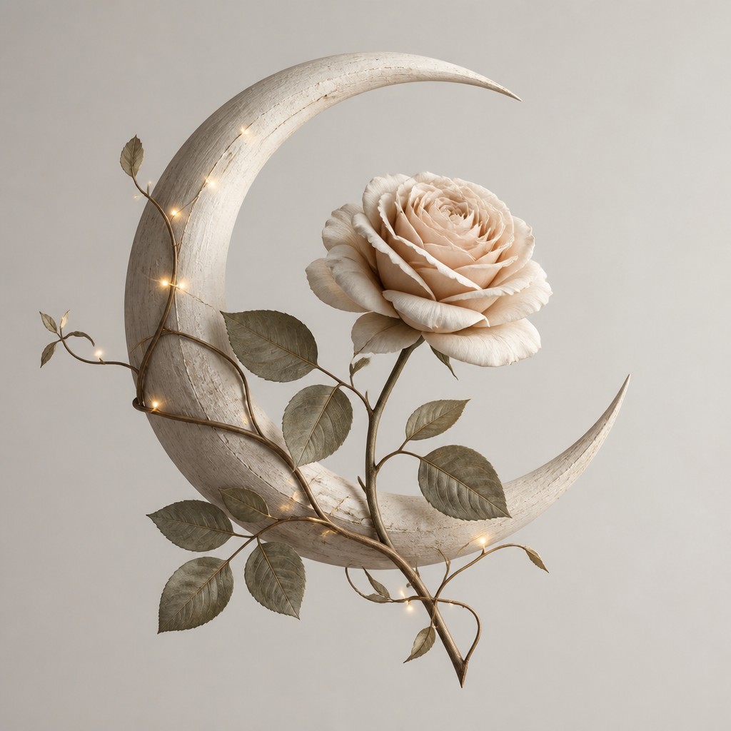 a rose entwined with a crescent moon, clean balanced composition on a plain background, no text