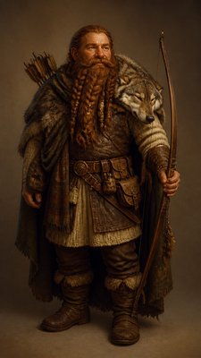 full-body original character: a dwarven ranger with a braided auburn beard, worn leather armor, a longbow and a wolf-pelt cloak, neutral background, no text
