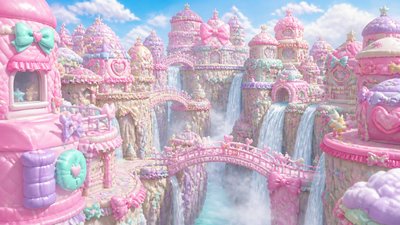 a cliffside city with waterfalls cascading into a misty canyon, wide establishing shot, no people, no text