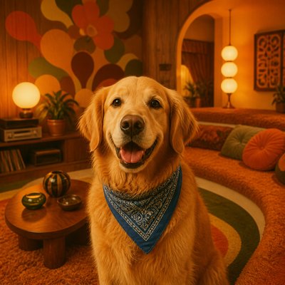 portrait of a golden retriever wearing a blue bandana, warm plain backdrop, no text