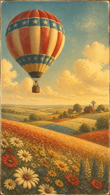 a hot air balloon drifting over rolling flower fields on a sunny day, cheerful, no text