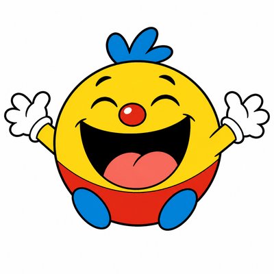 an exaggerated laughing face of an original round mascot character, bold and readable at small size, plain background, no text