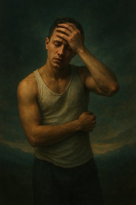 a painting of a man with his hands on his head