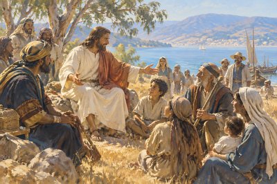 Jesus welcomes rich and poor, young and old by the Lake of Galilee