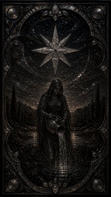 a robed figure pouring water beneath a large eight-pointed star in a night sky, symmetrical composition with an ornate decorative border, no text