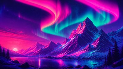 a flowing aurora over snowy peaks, wide sweeping composition, no people, no text