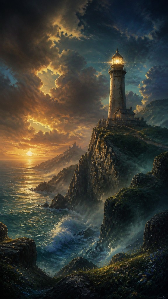 a lone lighthouse on a cliff at dusk under a dramatic sky, no text or lettering