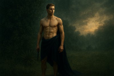 a painting of a shirtless man with a sword