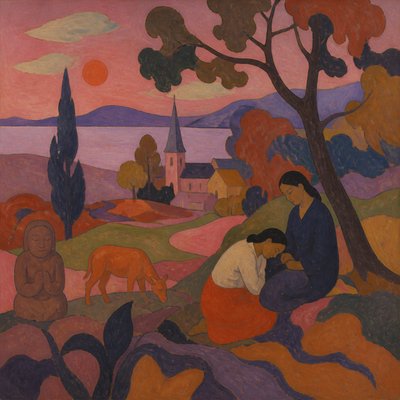 wide landscape with natural scenery — Synthetism Art Style