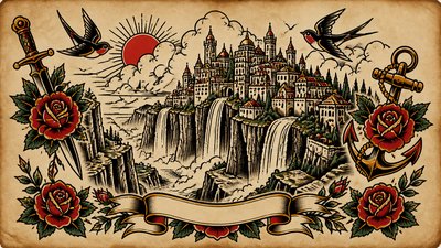 a cliffside city with waterfalls cascading into a misty canyon, wide establishing shot, no people, no text