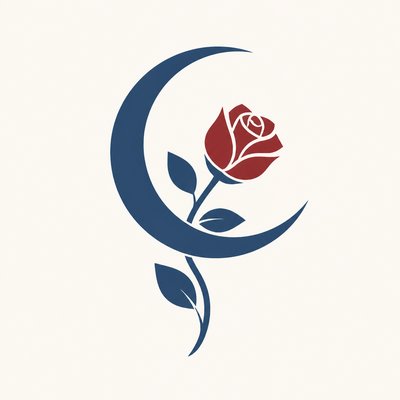 a rose entwined with a crescent moon, clean balanced composition on a plain background, no text