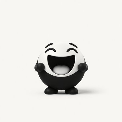an exaggerated laughing face of an original round mascot character, bold and readable at small size, plain background, no text