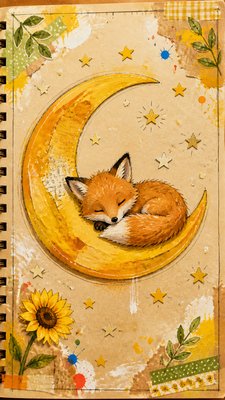a sleeping baby fox curled on a crescent moon among soft stars, gentle and warm, no text