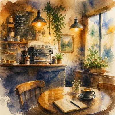 cozy cafe interior with warm lighting