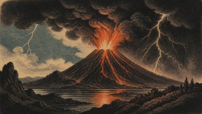 an erupting volcano with lightning strikes, dramatic wide composition, no text