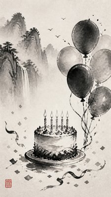a birthday cake with lit candles surrounded by balloons and confetti, festive vertical composition, no text