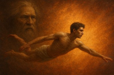 a painting of a man diving in the air