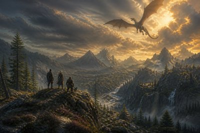 A wide 1920x1080 landscape vista, epic fantasy realism, painterly digital art with photographic lighting.

Composition: an asymmetrical, rugged wilderness panorama shot from a slightly elevated vantage point, looking across a deep valley toward a jagged mountain range in the far background, peaks partially wreathed in drifting cloud and haze for atmospheric depth. The terrain is uneven and wild — wind-carved rock outcrops, scattered scrub pine, patches of heather and loose scree, a narrow river or ravine cutting diagonally through the middle ground rather than running straight. Avoid symmetry: shift the horizon line off-center (roughly lower third), stagger the mountain silhouettes at varying heights and distances, and let foreground rock formations break the frame unevenly on one side.

Sky and creature: a large dragon in flight overhead, positioned off-center in the upper portion of the frame, wings partially unfurled mid-glide, casting a soft moving shadow across the valley floor below it. Weather is dynamic — heavy, textured clouds catching low golden-hour sunlight, with the dragon partially backlit so its silhouette reads clearly against a break in the clouds.

Figures: on a rocky hill in the middle distance, three small silhouetted figures stand together looking outward toward the vista and the dragon, backs mostly to camera, scaled realistically small against the vast landscape (do not make them a focal foreground element). From left to right: a human man with a bow slung diagonally across his back, an elven woman with a sword sheathed at her hip and windswept hair, and a stocky dwarf gripping an axe loosely in his right hand, axe head resting near the ground. Their poses should feel natural and slightly off-balance, weight shifted, not posed symmetrically or facing perfectly forward — as if they just stopped walking to take in the view.

Lighting and mood: warm late-afternoon or early-evening directional sunlight raking across the terrain from one side, long soft shadows, visible atmospheric haze/depth fog between the middle ground and the mountains, subtle color grading toward amber and cool blue-grey contrast. Add fine environmental imperfections — dust motes in the light shafts, uneven cloud texture, slightly irregular rock erosion patterns — to avoid a clean, overly-rendered digital look.

Style: realistic fantasy concept art in the tradition of high-budget game key art (think Guild Wars 2 or The Witcher 3 promotional environment art), painterly brushwork with photographic-grade lighting and texture detail, natural imperfect framing, no vignette, no heavy symmetry, no centered "hero shot" composition. Wide 16:9 aspect ratio, 1920x1080, designed as a background/banner image with usable negative space near the top-left or top-right for potential UI overlay.

Negative cues: avoid perfect bilateral symmetry, avoid centered dragon, avoid glossy over-saturated "AI sheen," avoid cartoonish proportions, avoid characters facing camera directly, avoid clean/sterile lighting.
