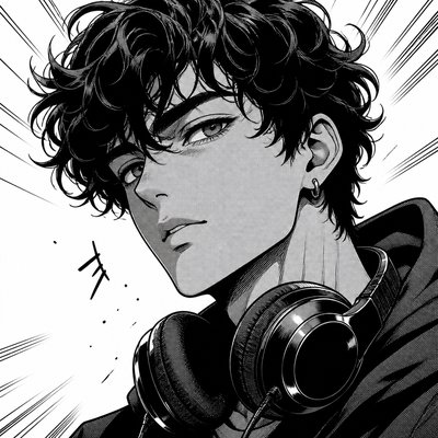 head-and-shoulders portrait of an original character: a young man with curly dark hair and headphones around his neck, plain backdrop, no text