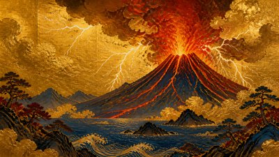 an erupting volcano with lightning strikes, dramatic wide composition, no text