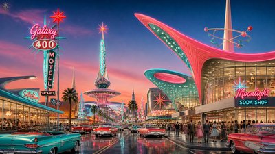 bustling city street panorama at dusk