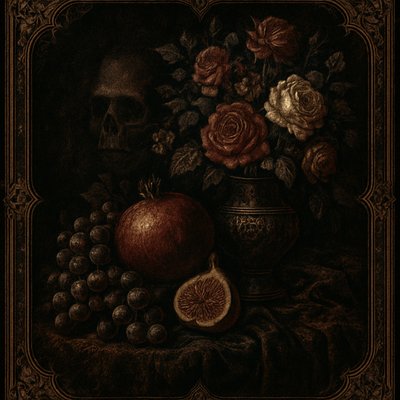 still life arrangement of fruits and flowers