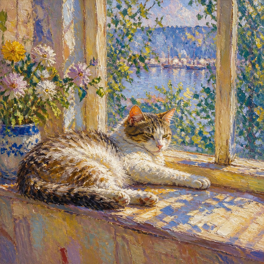 a cat lounging in a sunlit window