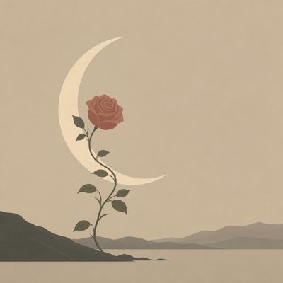 a rose entwined with a crescent moon, clean balanced composition on a plain background, no text