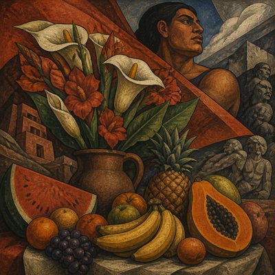 still life arrangement of fruits and flowers