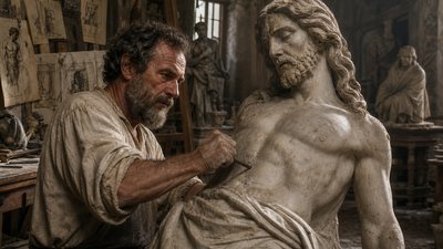 Michelangelo carving a statue of the Risen Christ
