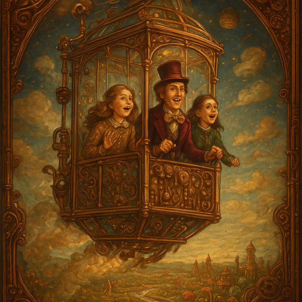 An awe-inspiring and whimsical scene featuring Willy Wonka's Great Glass Wonkavator, soaring through the sky and beyond the confines of the chocolate factory. The Wonkavator itself is a magnificent, multi-directional glass elevator, transparent and sparkling, with Willy Wonka (wearing his iconic top hat, purple coat, and bowtie) and 2 young Victorian well dressed ladies looking out with expressions of joy, wonder and excitement. The interior is filled with intricate buttons and levers for controlling its magical flight. The Wonkavator is depicted in mid-flight, perhaps bursting through the factory roof or ascending above the clouds. Below it, the fantastical landscape of the Chocolate Factory is visible – chocolate rivers, edible gardens, candy cane trees, and various whimsical buildings. Beyond the factory, a stunning, imaginative sky unfolds, perhaps with floating candy clouds, distant fantastical landmarks, or even glimpses of outer space and planets. The lighting is bright and magical, emphasizing the glass's transparency and the vibrant colors of the world below and beyond. The overall mood is one of boundless adventure, limitless possibilities, and pure, joyful fantasy."