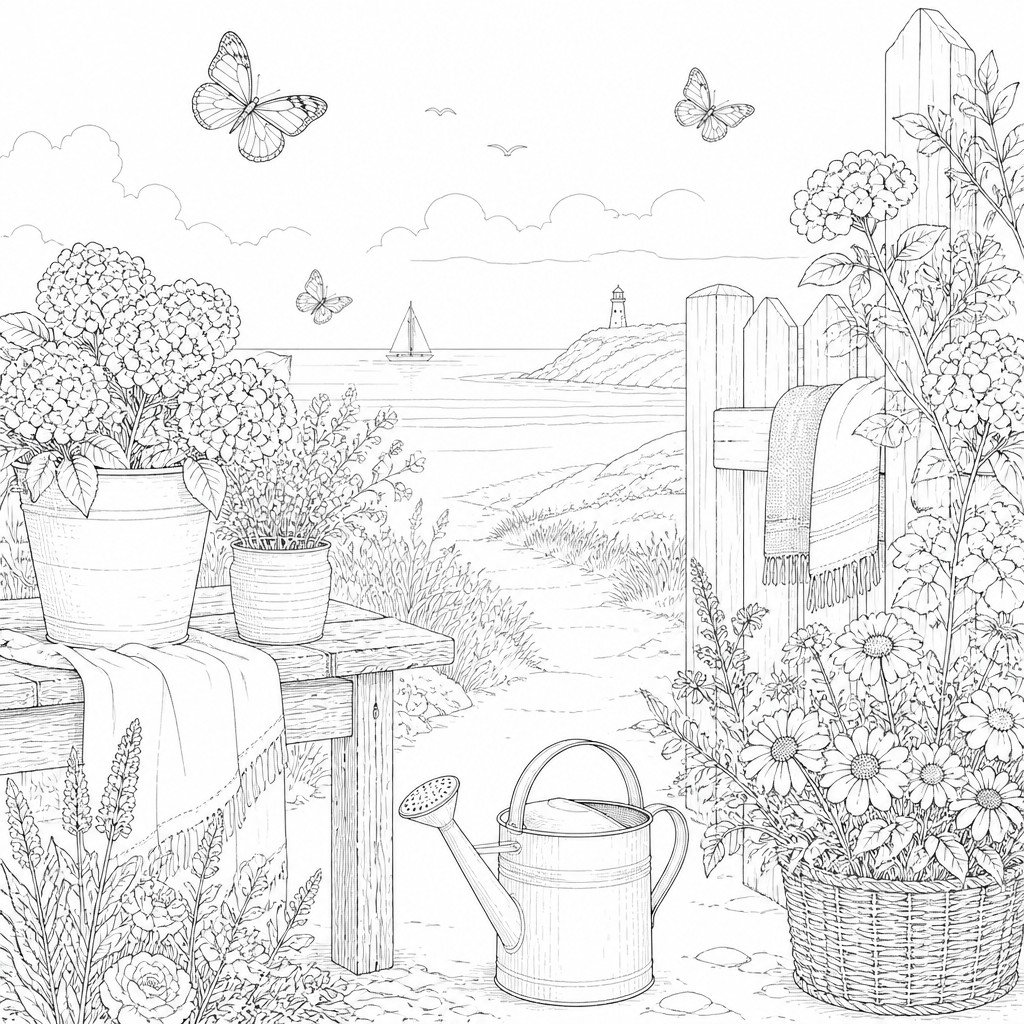 a garden scene with butterflies, flowers and a watering can, clean uncolored line art, no text