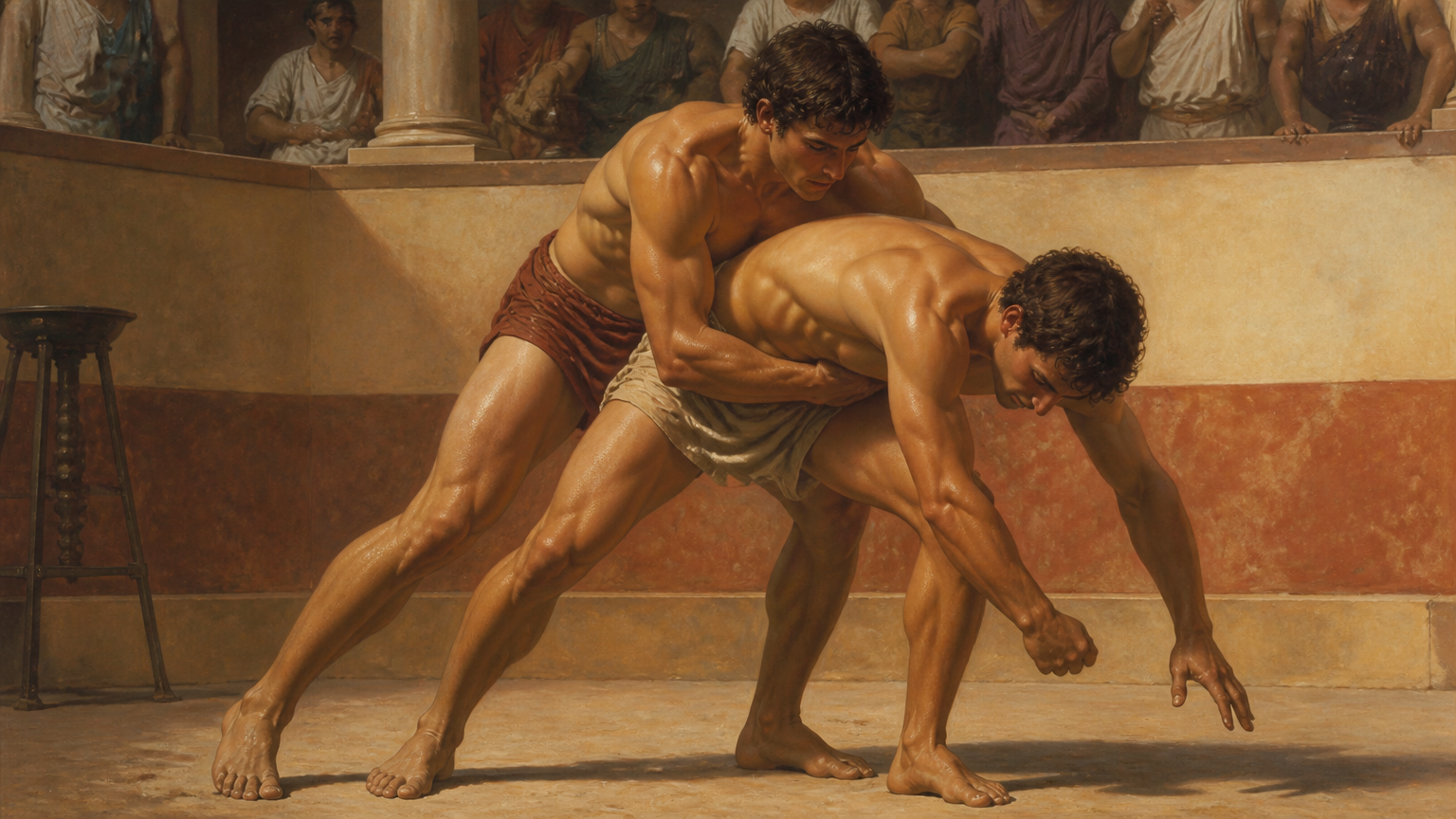 ancient greek wrestler grabbing other wrestler by the waist